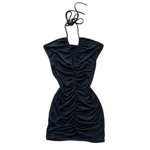 VTG Cut out Halter Black ruched mini‎ dress going out party clubbing M